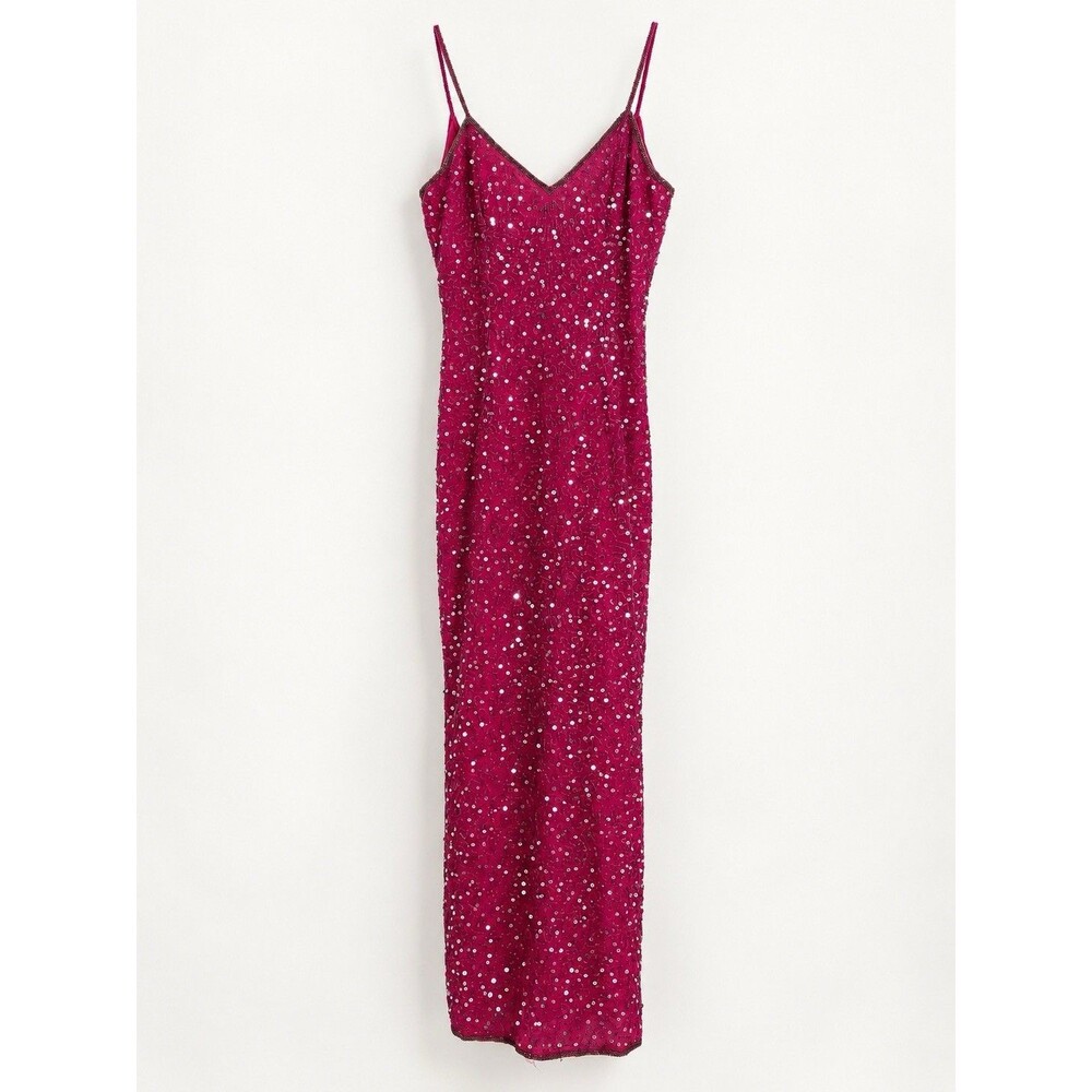 Vintage Laurence Kazar Silk Beaded Sequin Maxi Slip Dress Fuchsia Pink Sz S